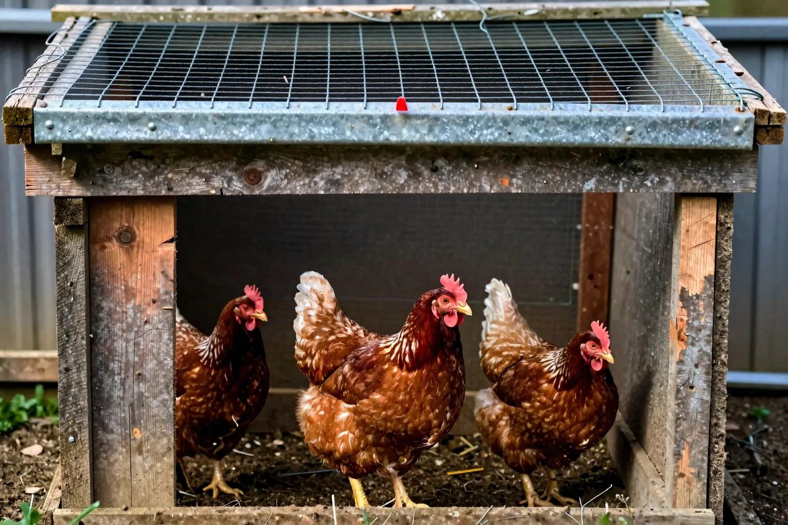 A hen moves beneath a low cedar shelter inside a roofed run, showing birds a quick refuge from overhead predators.