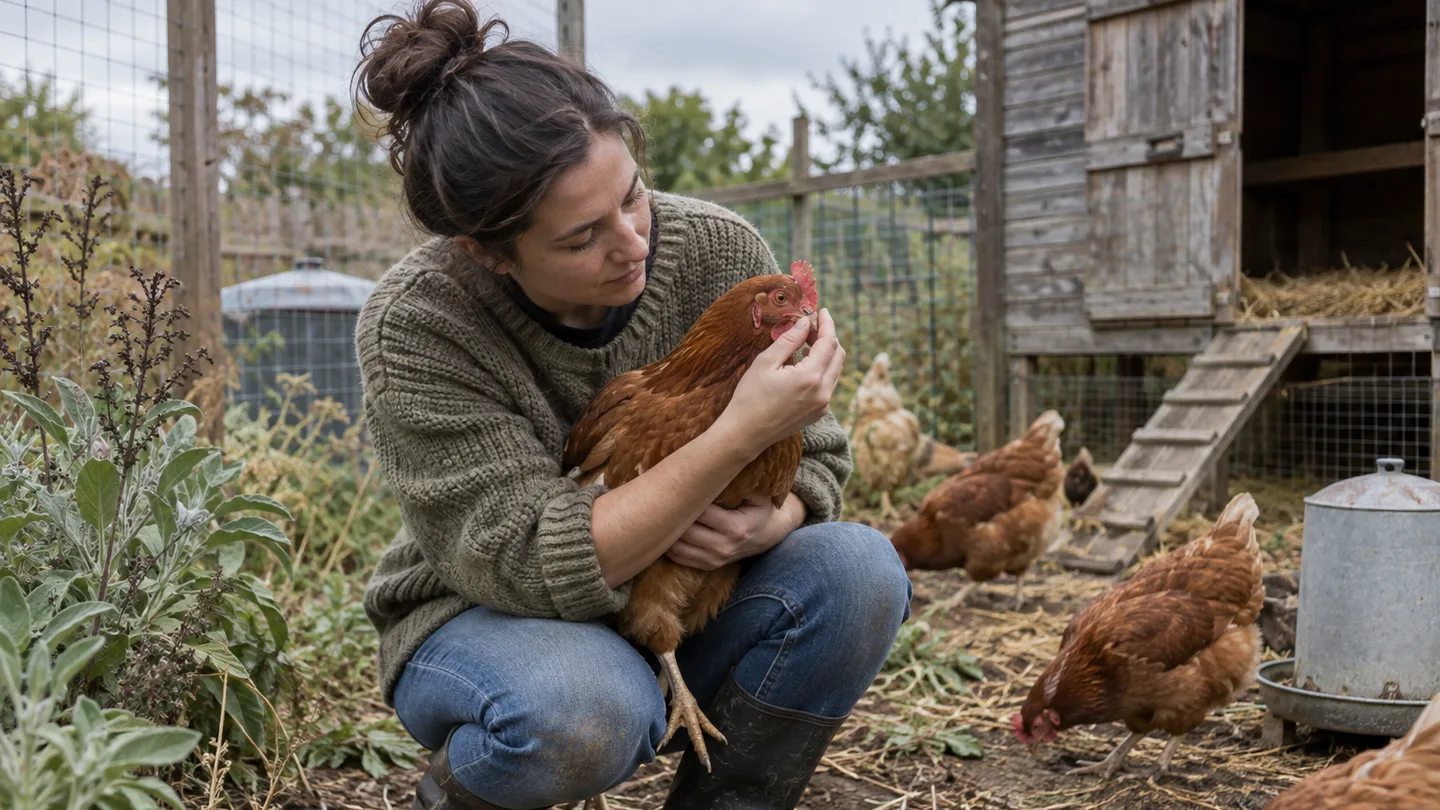 A keeper calmly checks a reddish-brown hen in the backyard run while the flock carries on nearby.