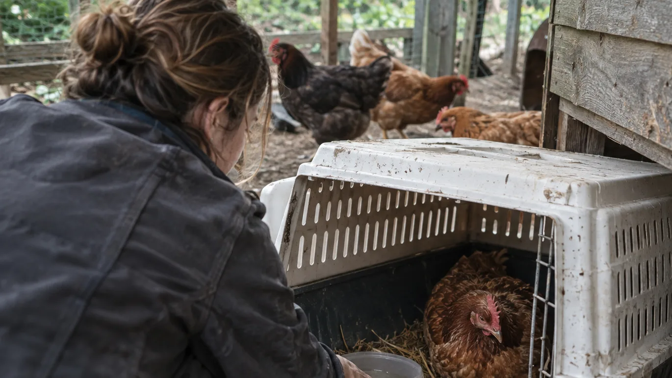 A hen rests in a crate beside the flock with separate food and water for safer care.