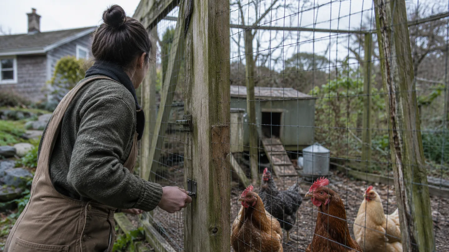 A keeper checks the run as nearby hens stand alert, listening to a sudden call.