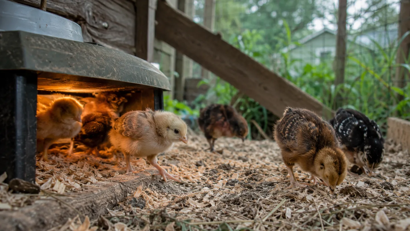 A chick steps out from beneath a brooder plate into cooler bedding, showing it can choose where to rest.