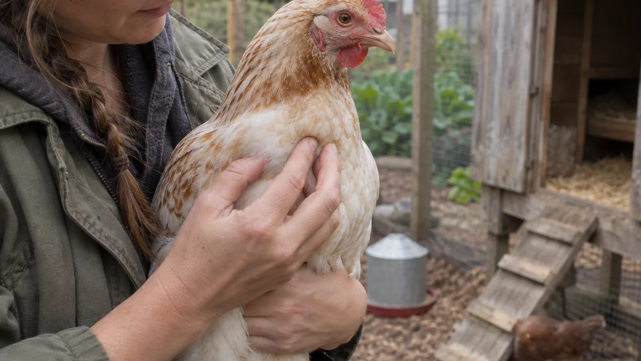 A keeper gently checks a hen’s crop before feeding her in a weathered backyard coop.