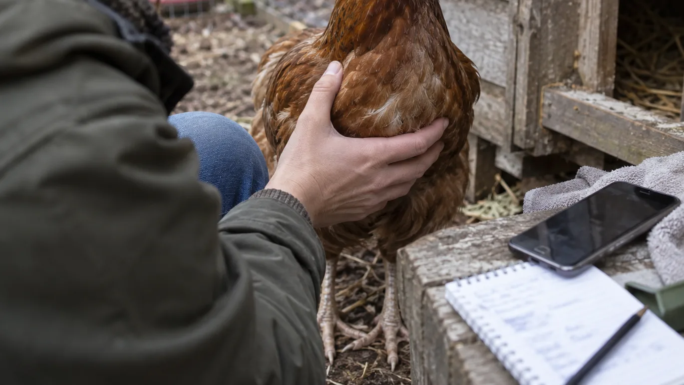 An upright hen stands beside a phone and symptom notes during a backyard health check.