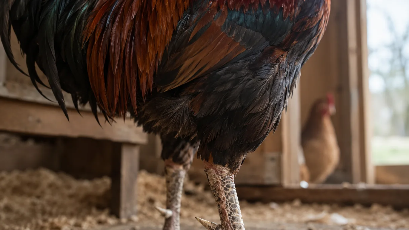 A rooster’s pointed spur sits above its toes as it stands on the coop floor.