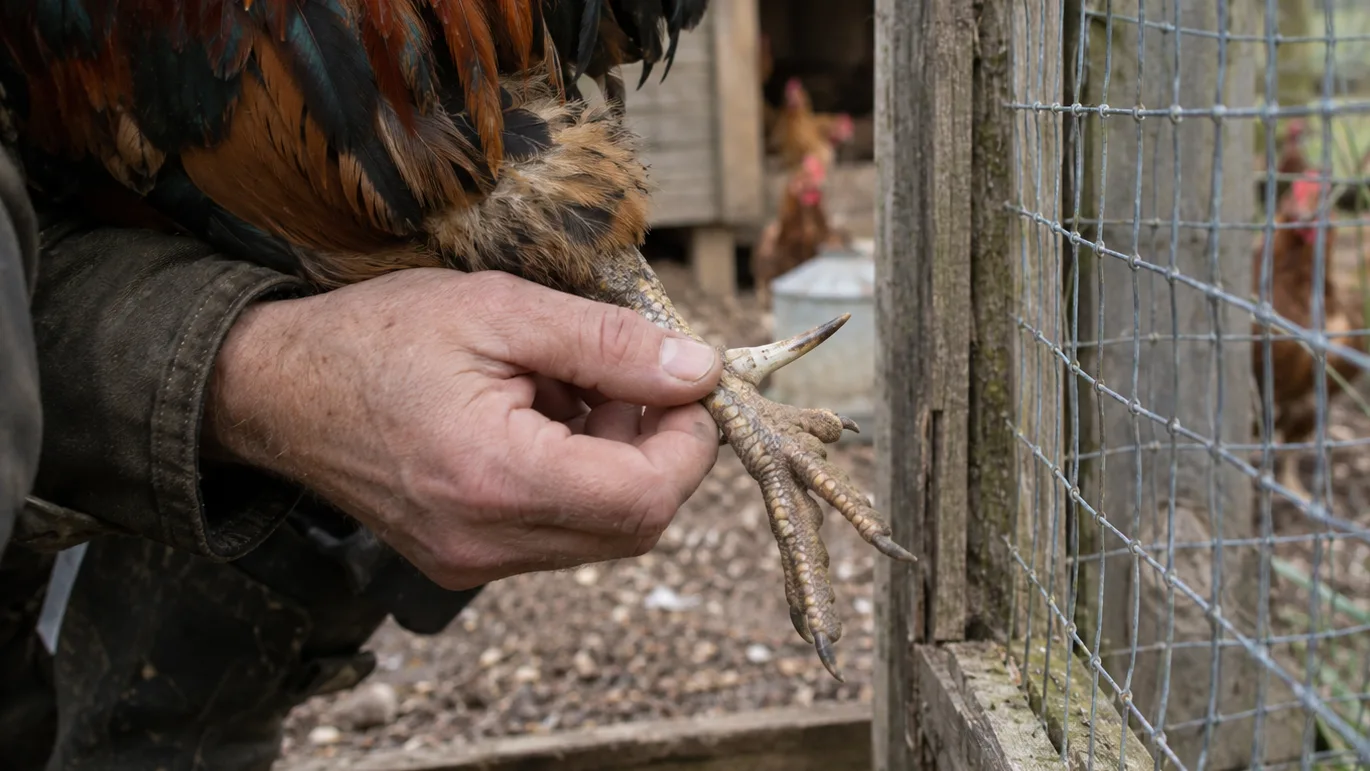 A keeper checks a rooster’s spur beside the run wire for anything it might catch on.