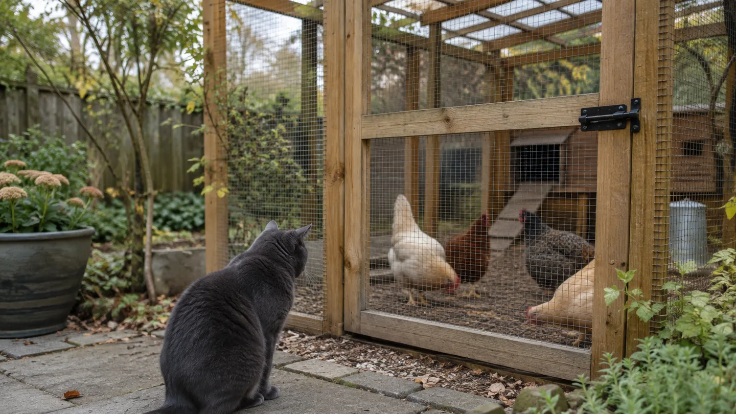 A relaxed cat watches hens safely from outside a covered backyard run.