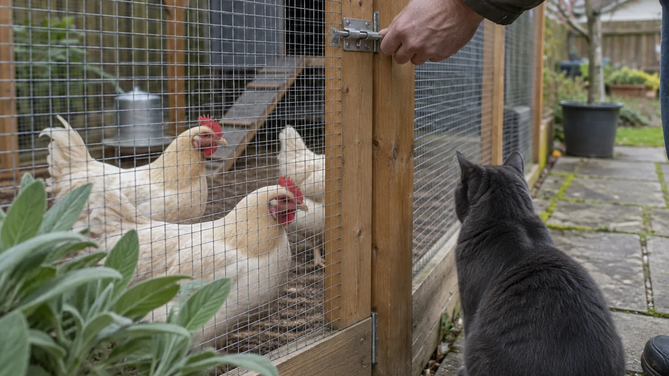A hand secures the run’s latch while hens stay behind close mesh and a cat waits safely outside.