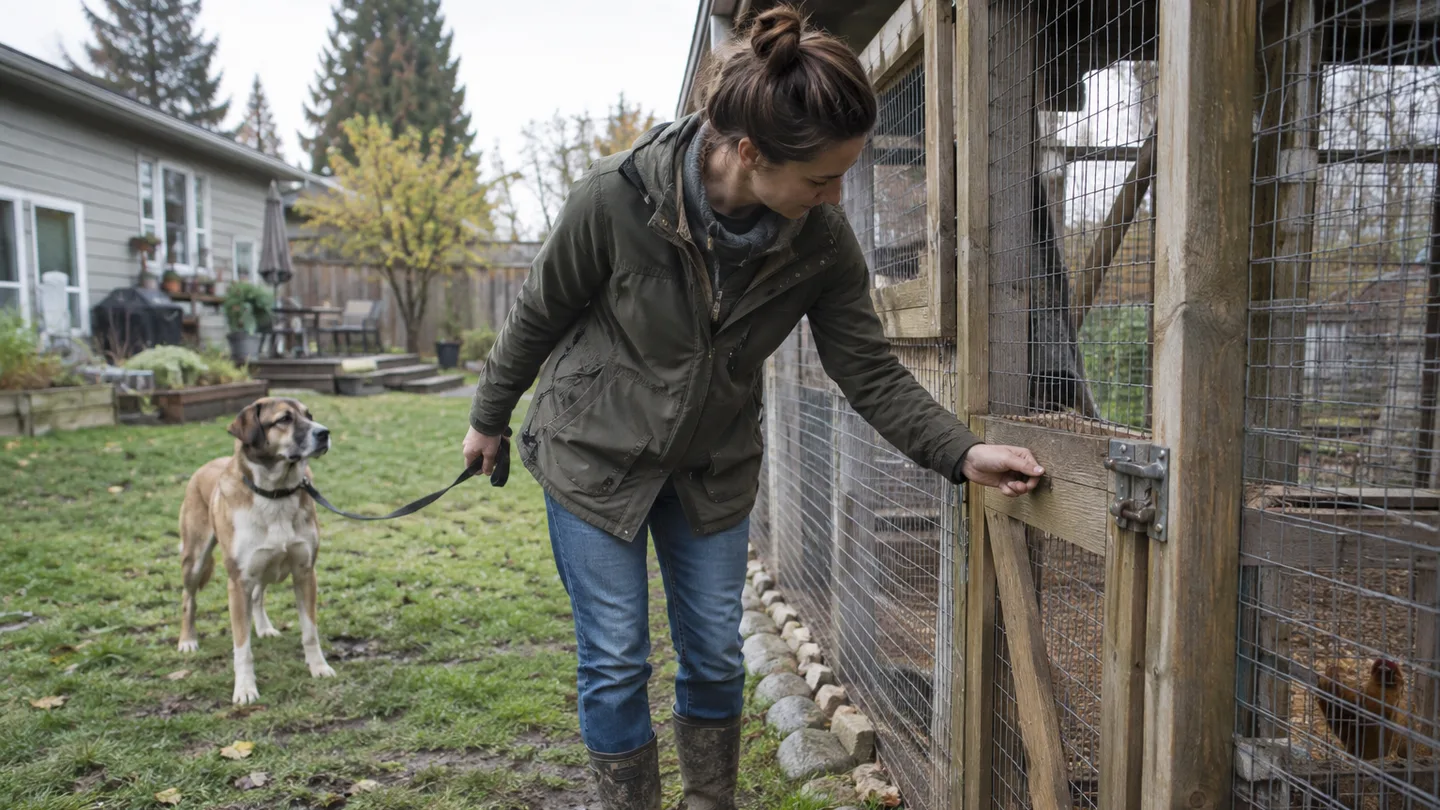 A person tests the latch on a closed chicken-run gate while a leashed dog waits on the other side.