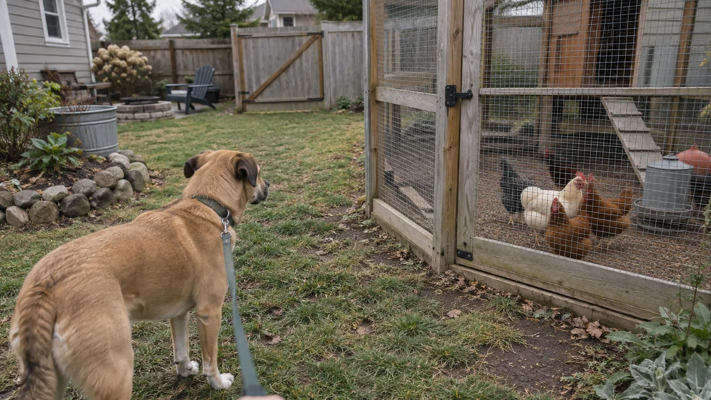A leashed dog watches chickens through a wire run during a calm, supervised introduction.