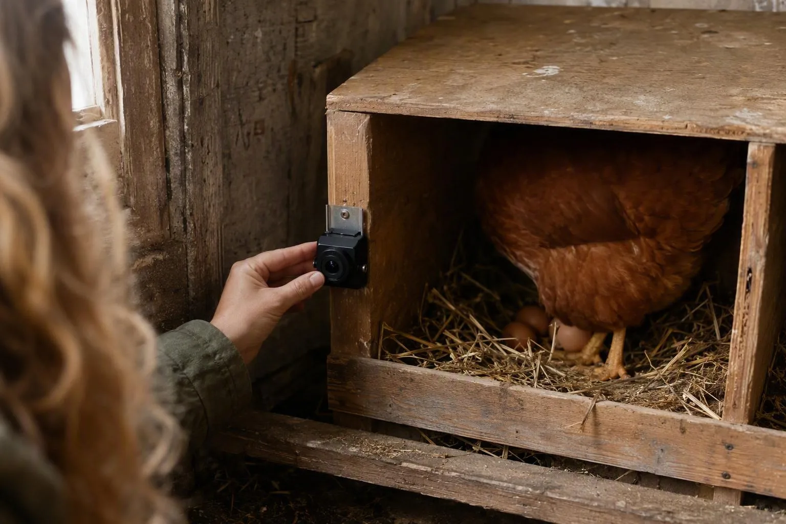 A small unbranded camera faces the nest entrance while a hen steps through straw beside intact eggs.