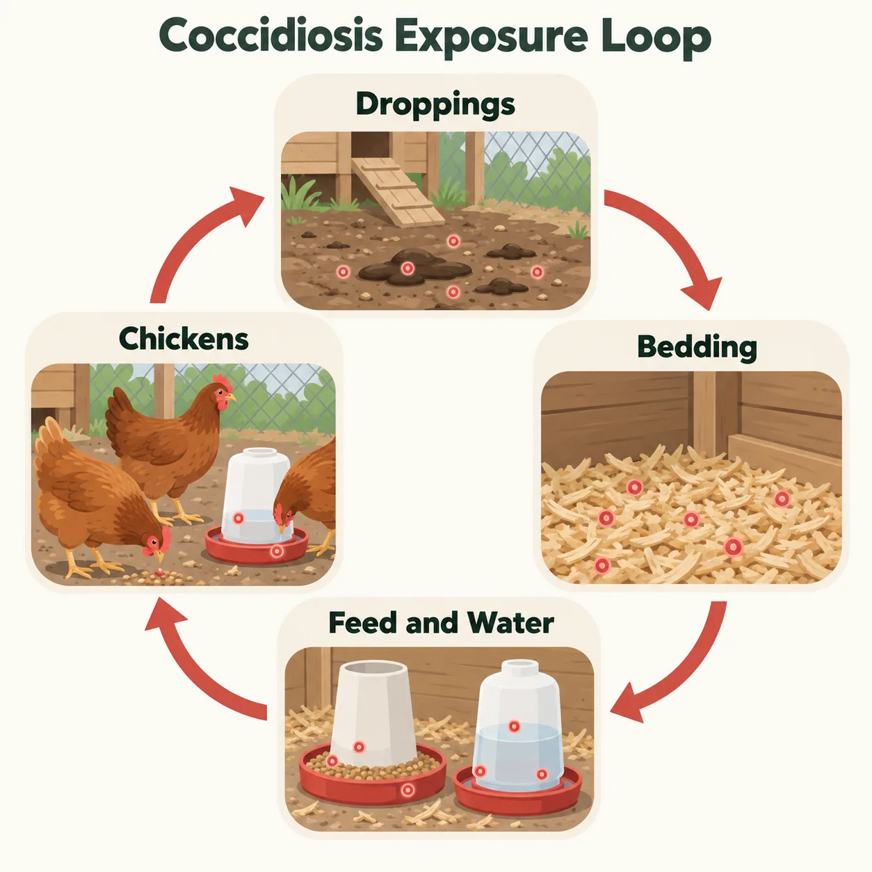 A four-part loop shows how droppings contaminate bedding, feed, and water before chickens ingest them.