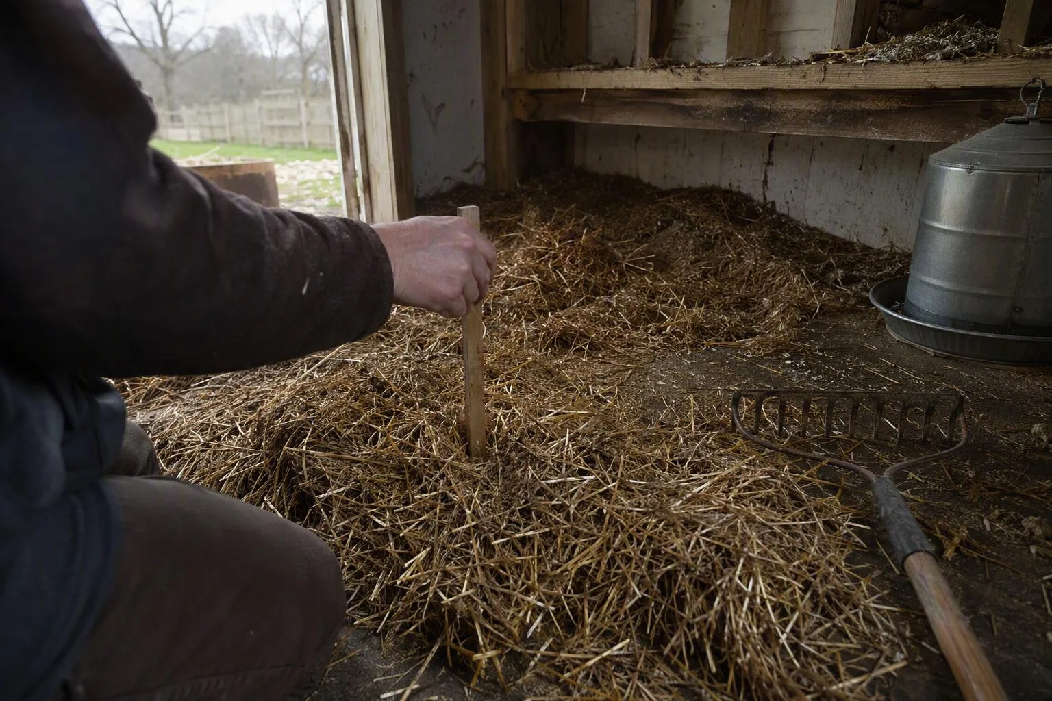 A keeper checks the depth of loose straw bedding inside a chicken coop before spreading it across the floor.