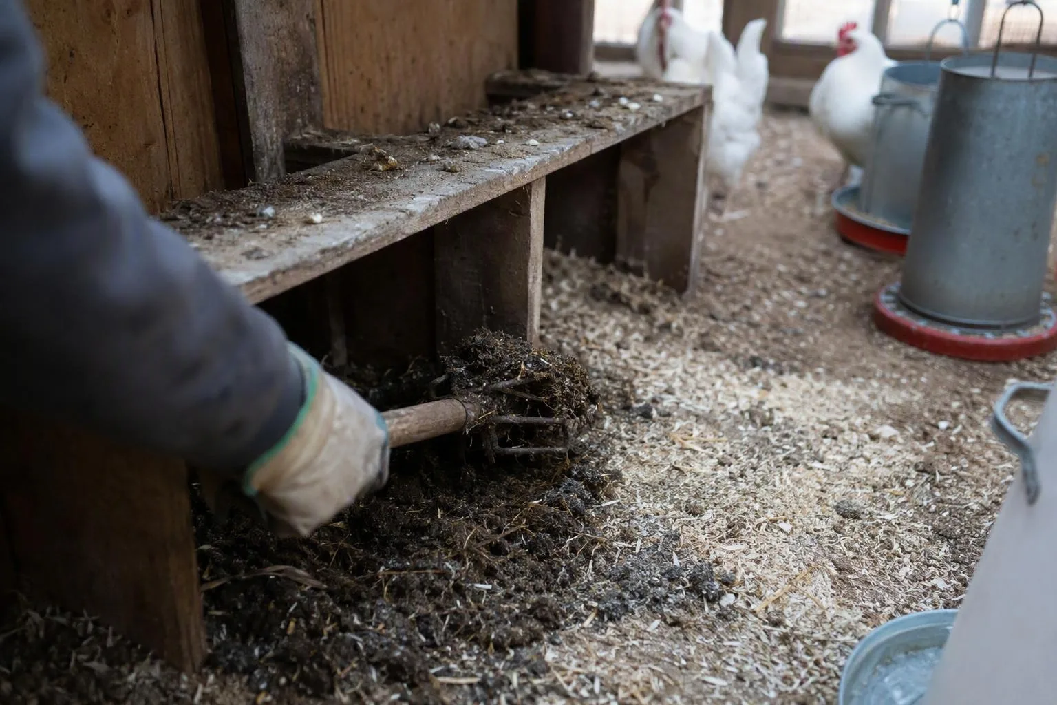A gloved hand separates damp bedding from loose straw beneath a roost during routine coop cleaning.