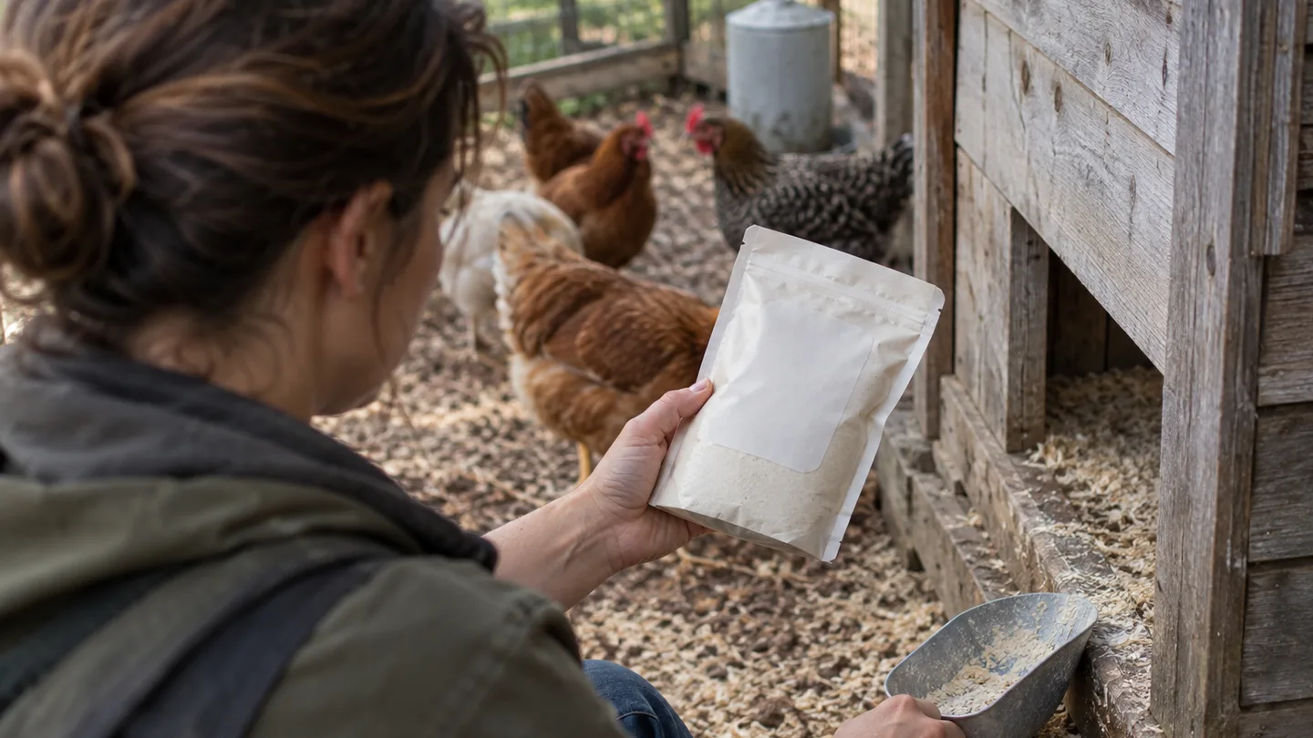 A backyard keeper checks a plain powder bag beside the coop before using it around chickens.