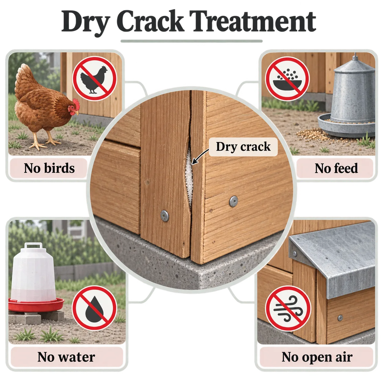 A coop corner shows a tiny dry crack treatment separated from hens, feed, water, and open air.
