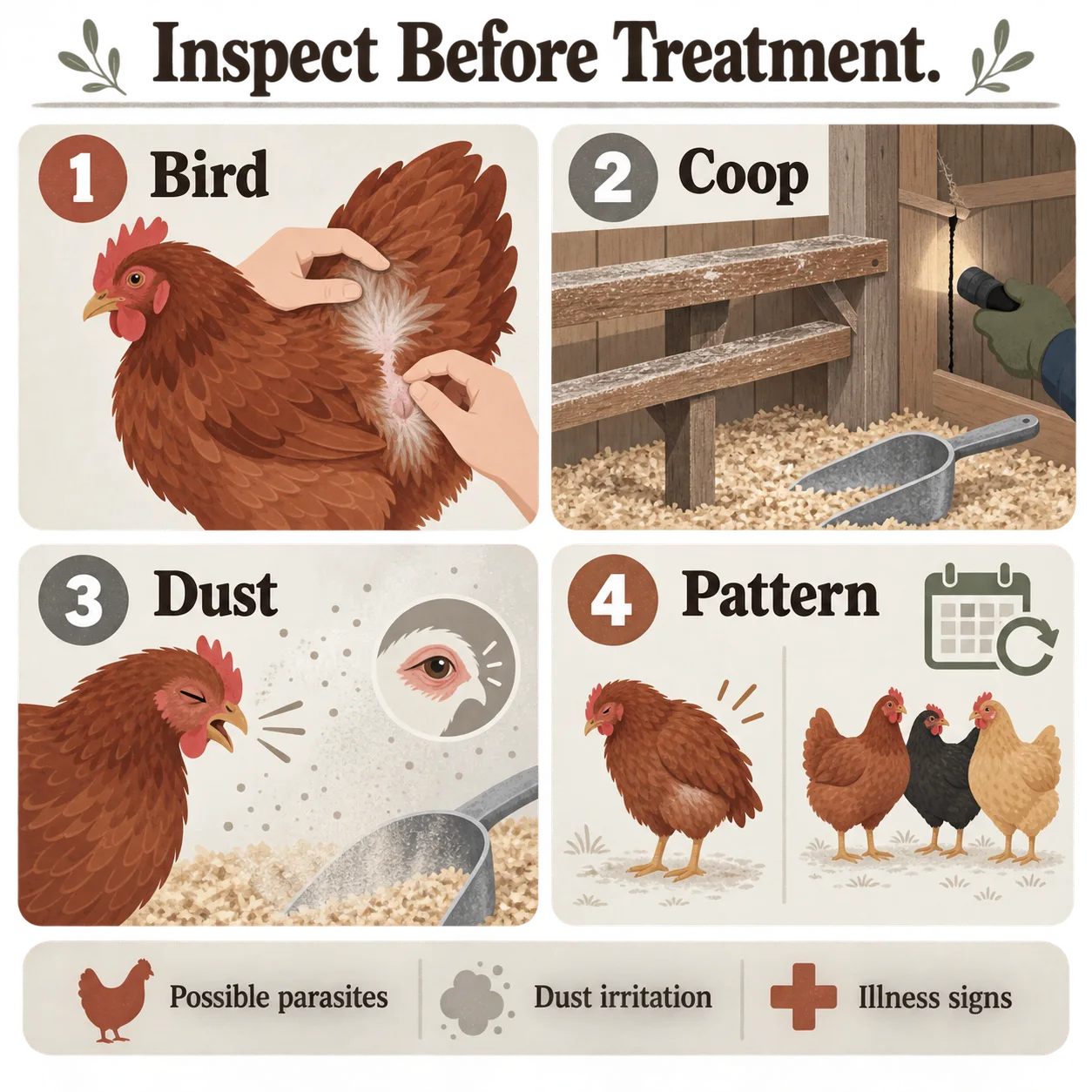 A four-step checklist compares a hen, coop, dust, and flock pattern before treatment decisions.