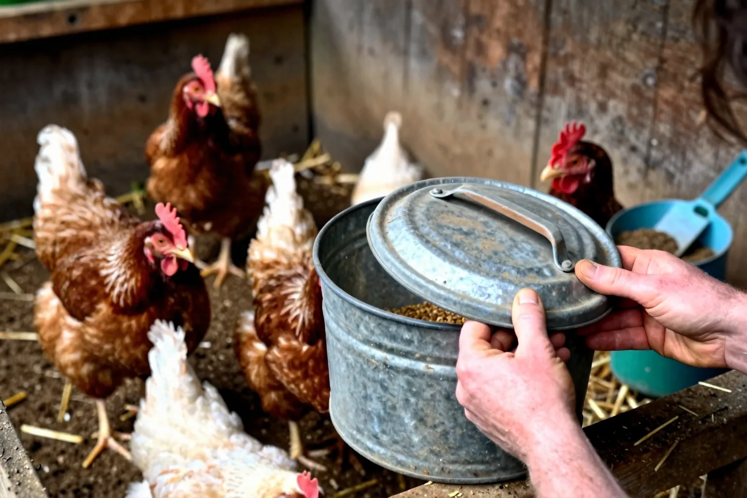 A person checks the waterer while hens wait in the muddy run, showing the flock’s daily care.