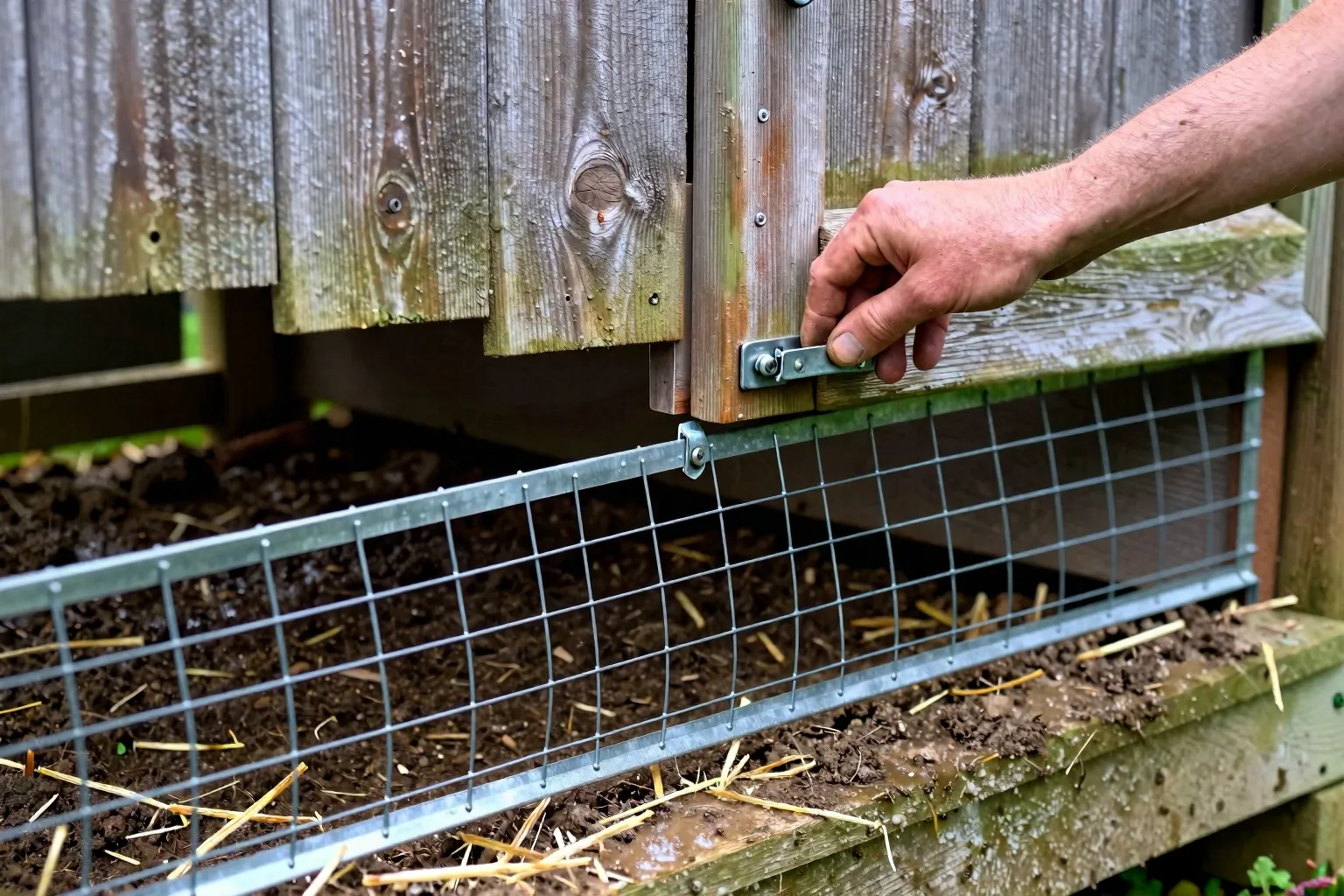 A hand checks two latches on a chicken-run door above a buried wire apron for predator protection.