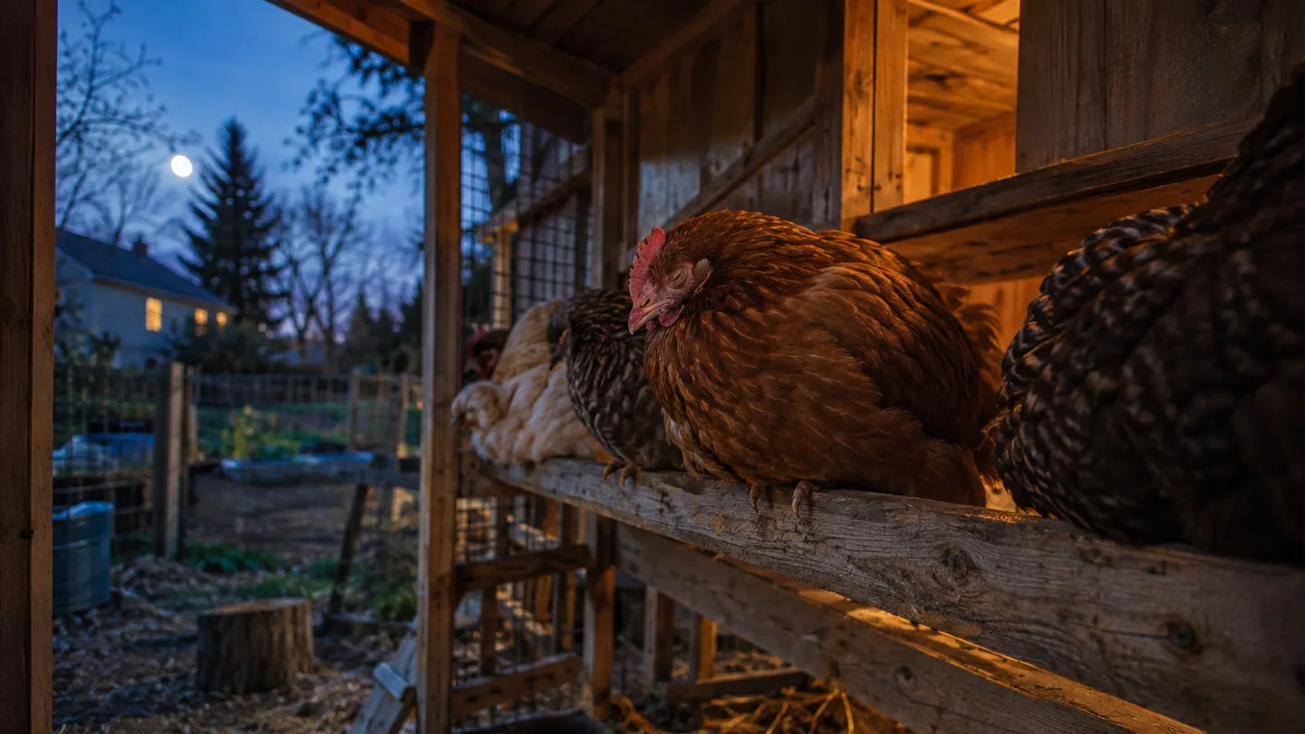 Adult hens settle together on a wooden roost as the backyard coop grows dim at evening.