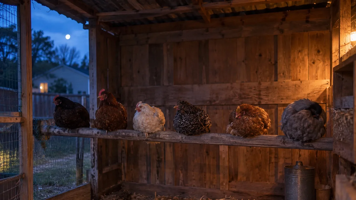 Six hens settle with space between them along a long wooden perch inside a backyard coop.