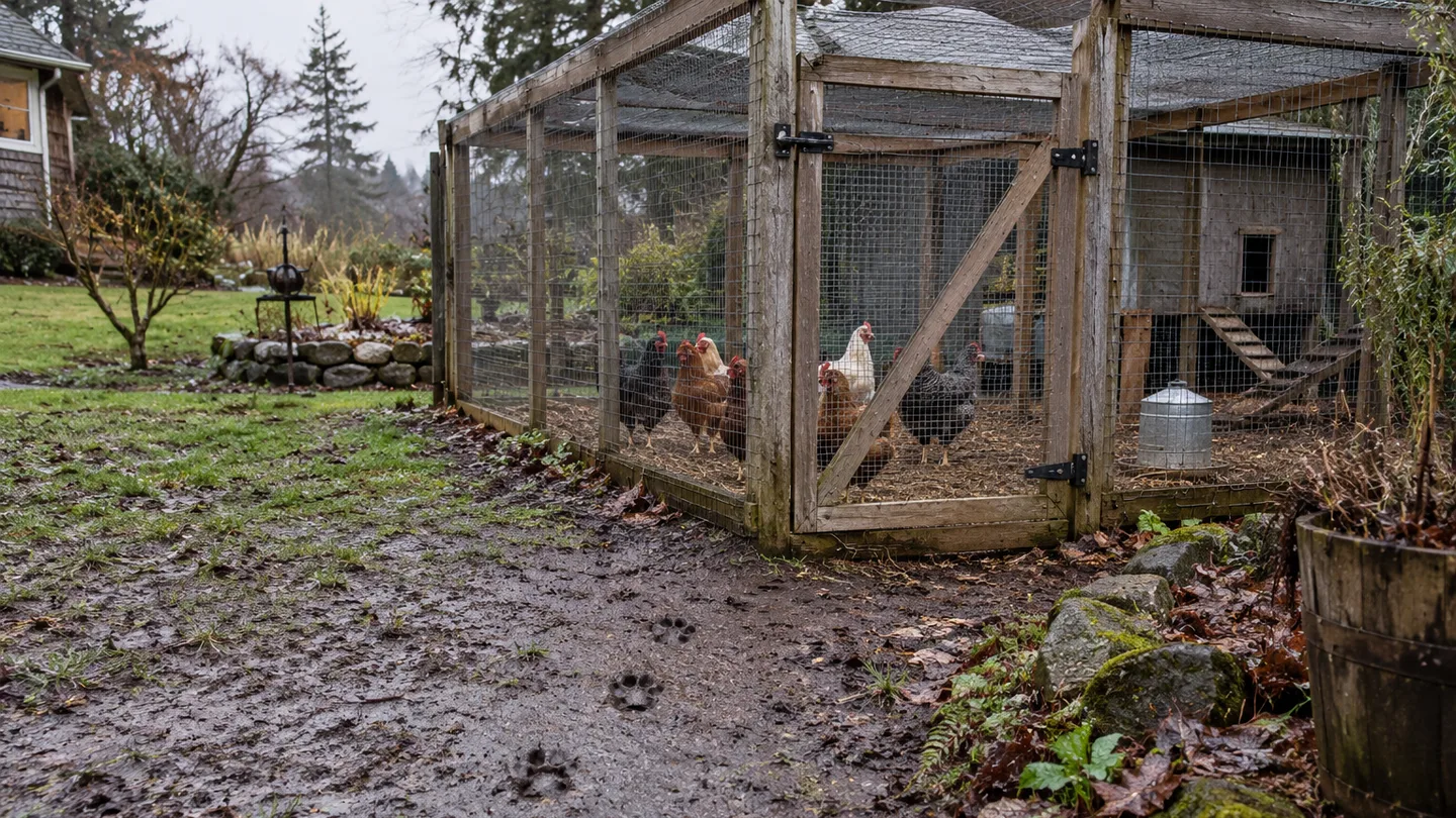 Chickens stand inside a roofed, latched run while fox tracks mark the damp ground outside.