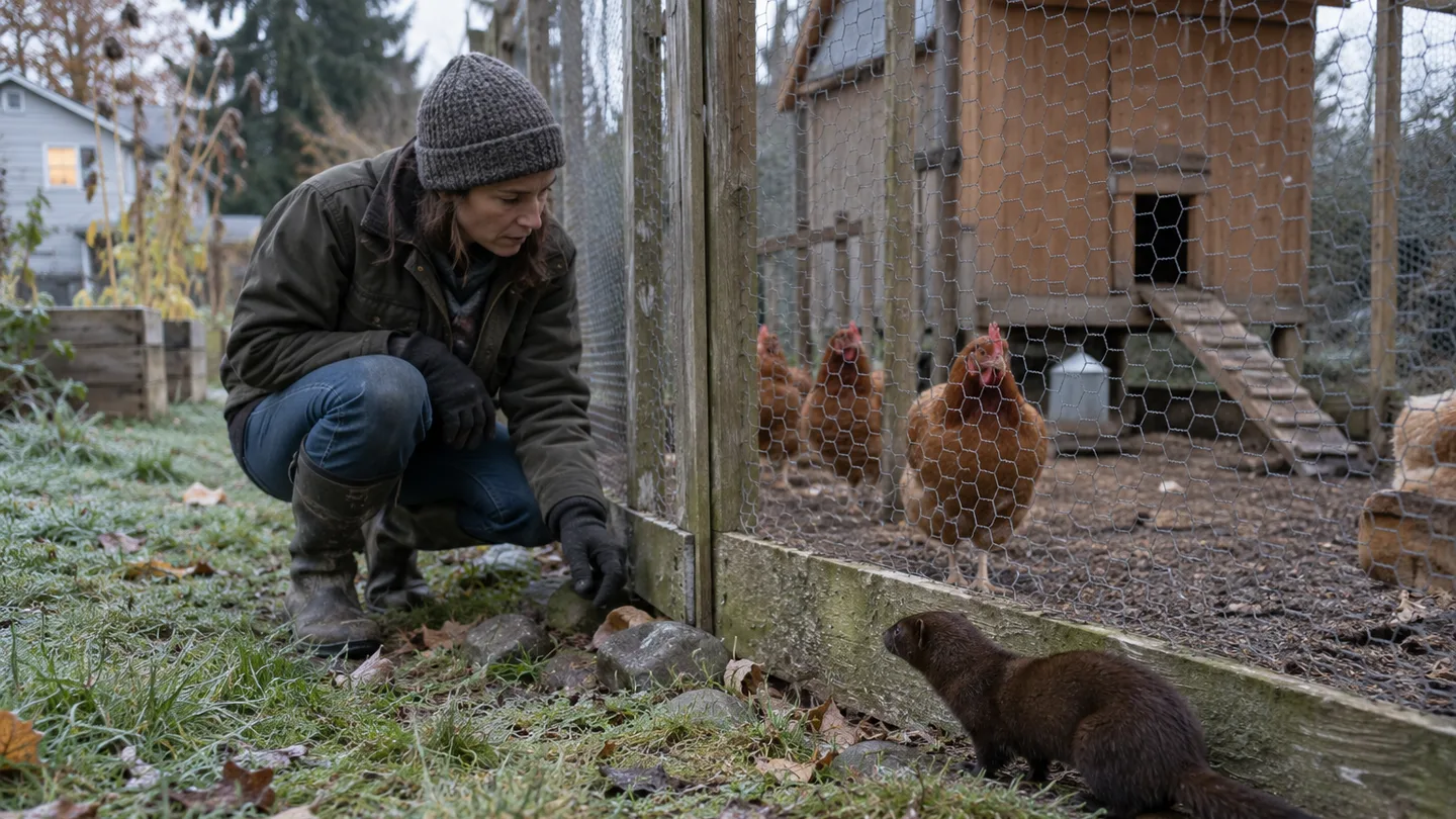A homeowner checks the run’s lower mesh while hens stay inside and a mink waits outside.