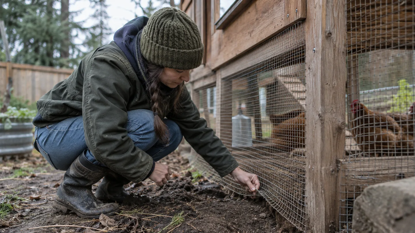 A keeper checks the bottom edge of a chicken run for a gap where a mink could enter.