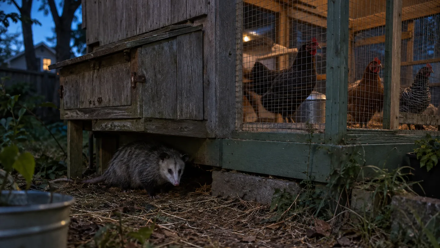 A possum crouches beneath a small coop, showing how close a nighttime threat can get to roosting hens.