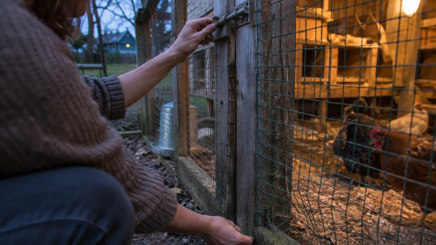 A chicken keeper checks a coop latch and wire corner for gaps that could let a predator in.