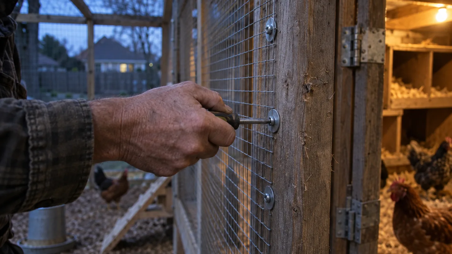 A hand tightens a screw and washer securing welded wire mesh to a weathered coop frame.