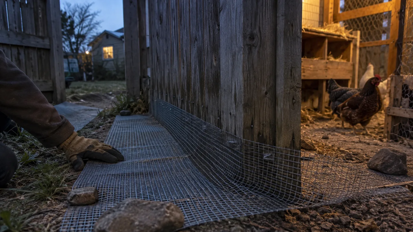 A wire apron lies flat beyond the chicken run, helping block digging predators from reaching the coop.
