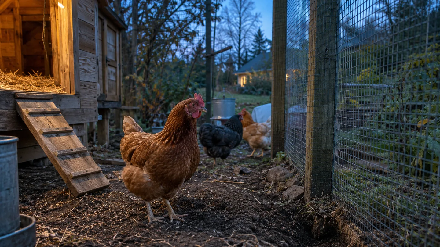 Hens shelter inside a wire-secured backyard run beside a fresh scrape along the fence line.
