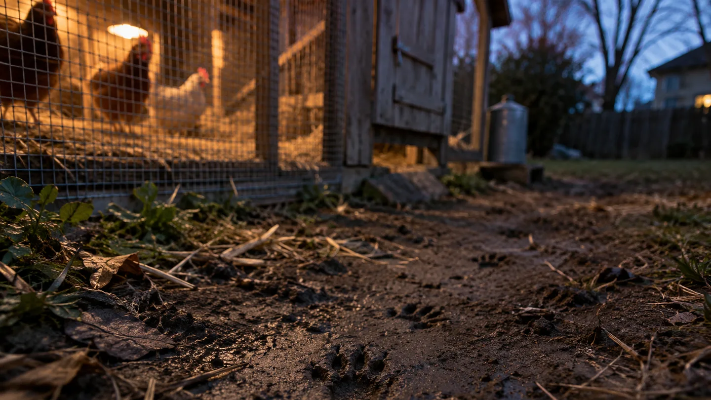 Five-toed skunk tracks mark the damp soil beside a chicken run.