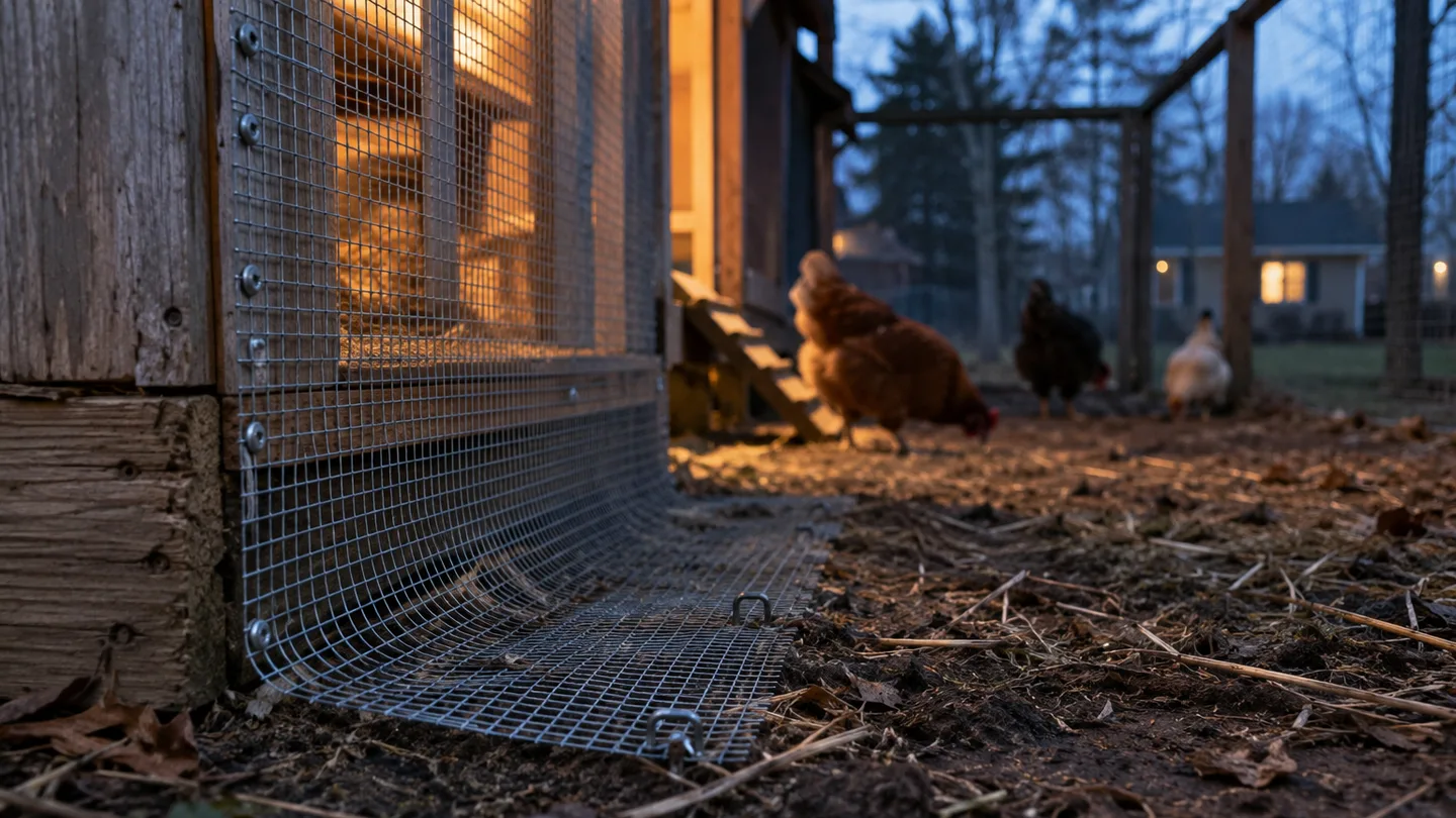 Hardware cloth is fastened to the coop wall and laid outward over the soil to block digging predators.