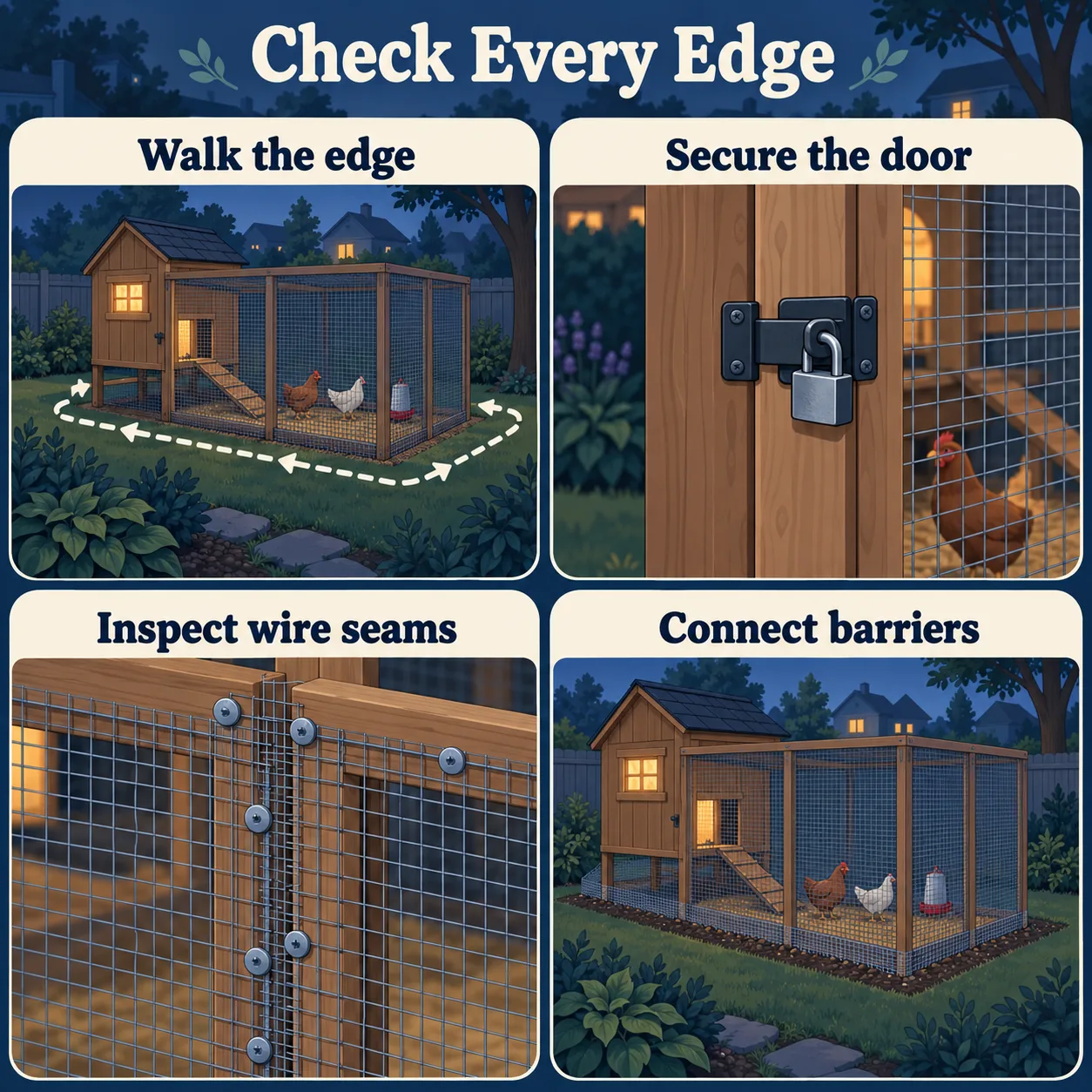 A four-part guide shows where to check a coop’s perimeter, door, wire seams, and connected barriers.