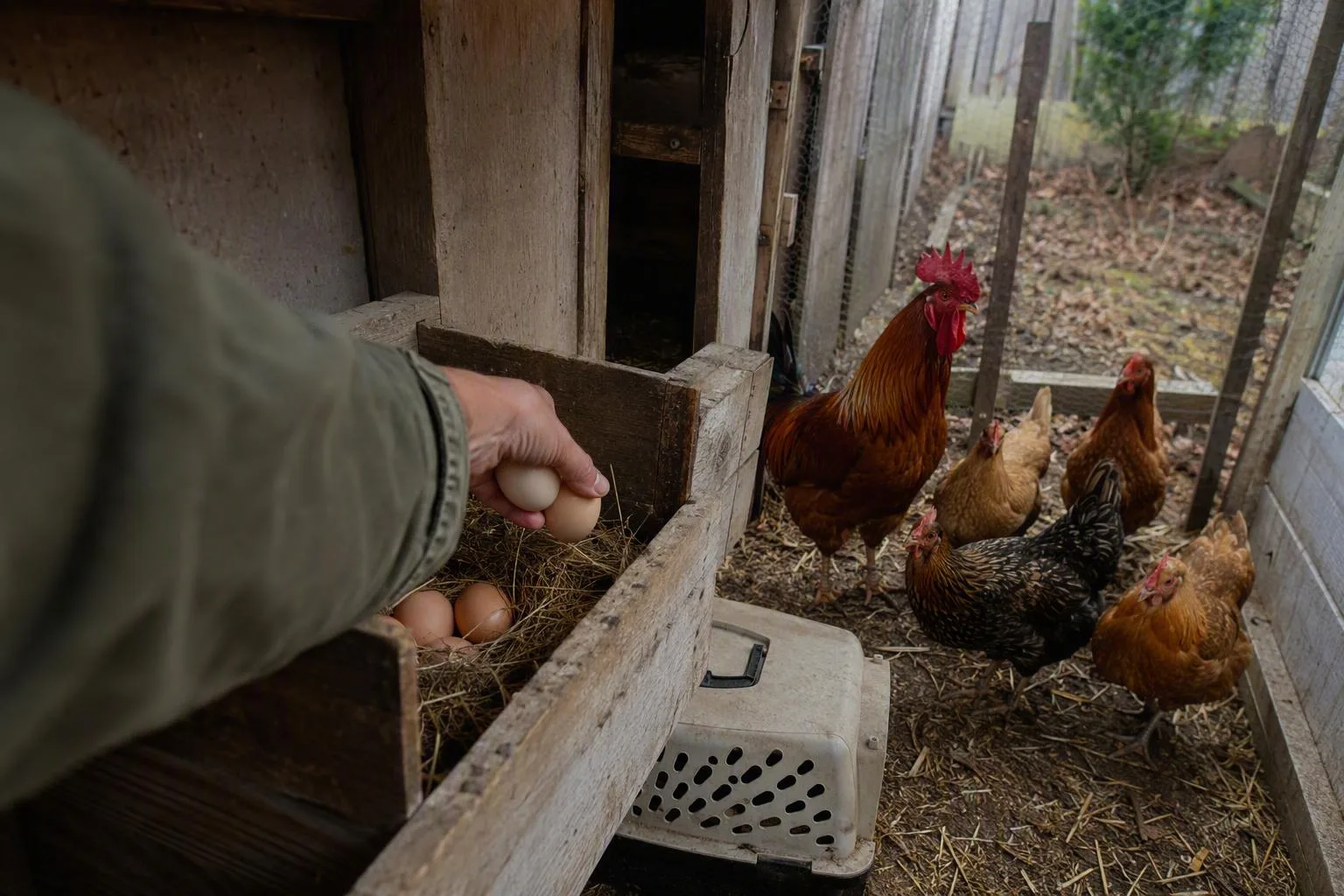 A keeper gathers eggs as a rooster and six pullets stand in a suburban backyard run.