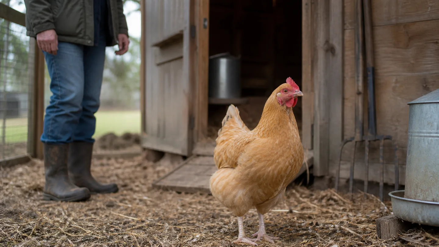 An upright hen is watched from a respectful distance in the coop run, showing calm symptom observation.