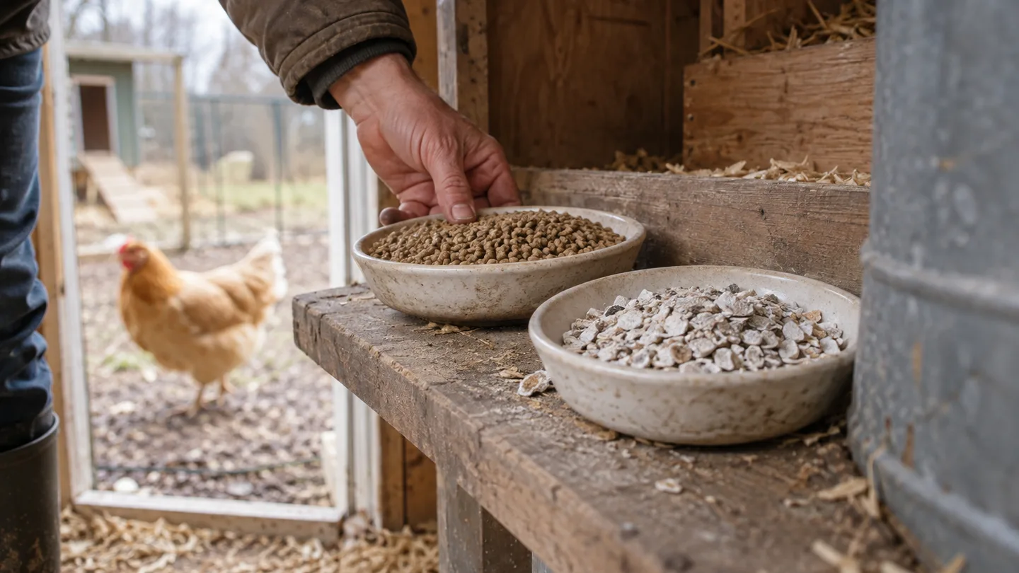 A caretaker places layer feed and oyster shell in separate dishes beside the chicken coop.