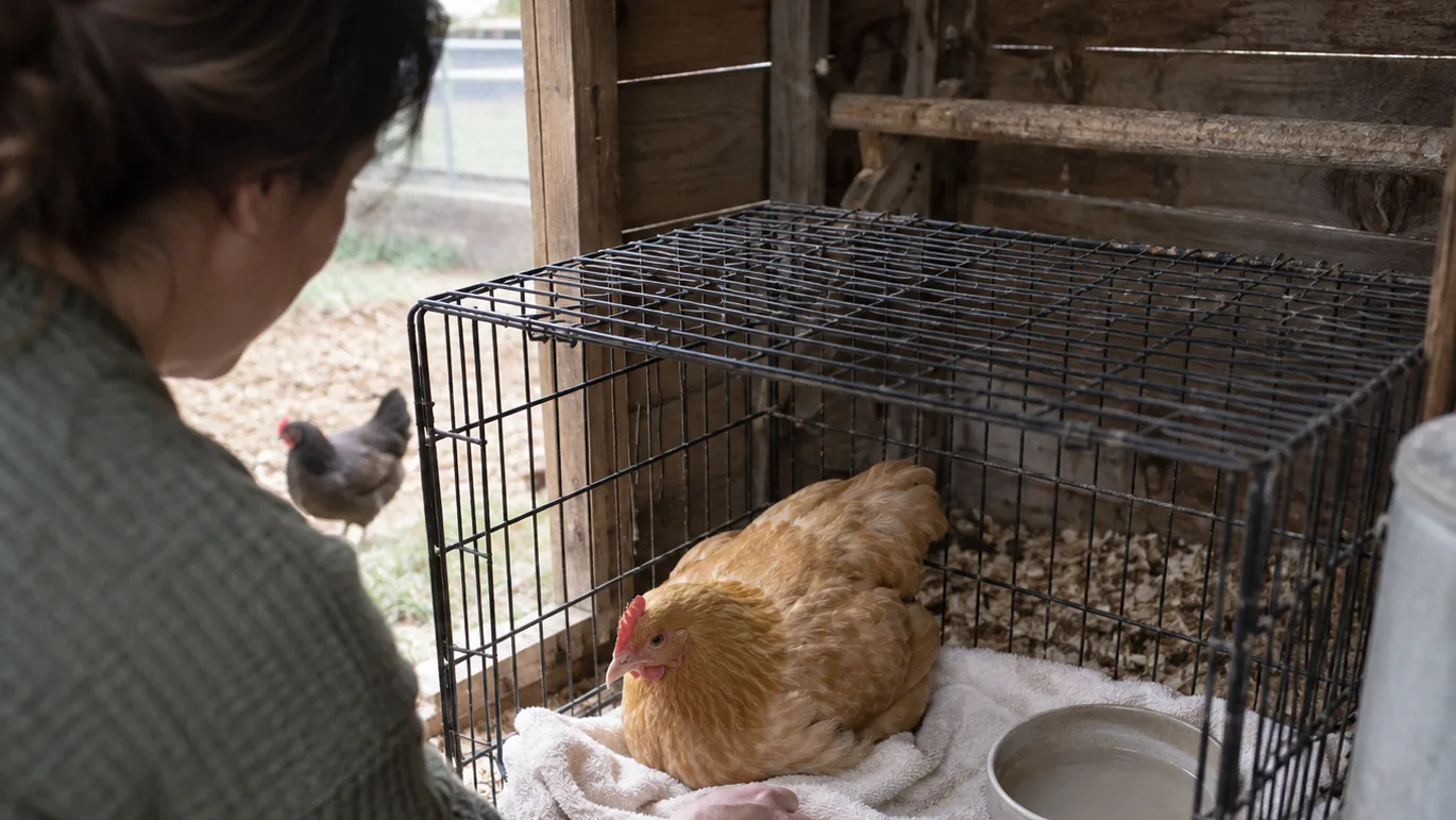 A clean isolation crate with a towel, water, feed, and a resting hen is ready for quiet care.