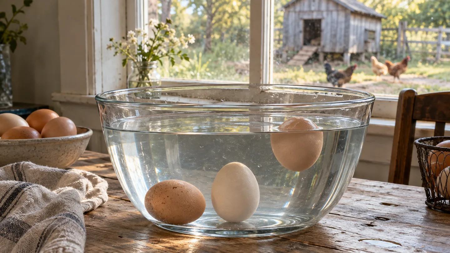 Three eggs in clear water show the three possible results: sinking, standing upright, and floating.