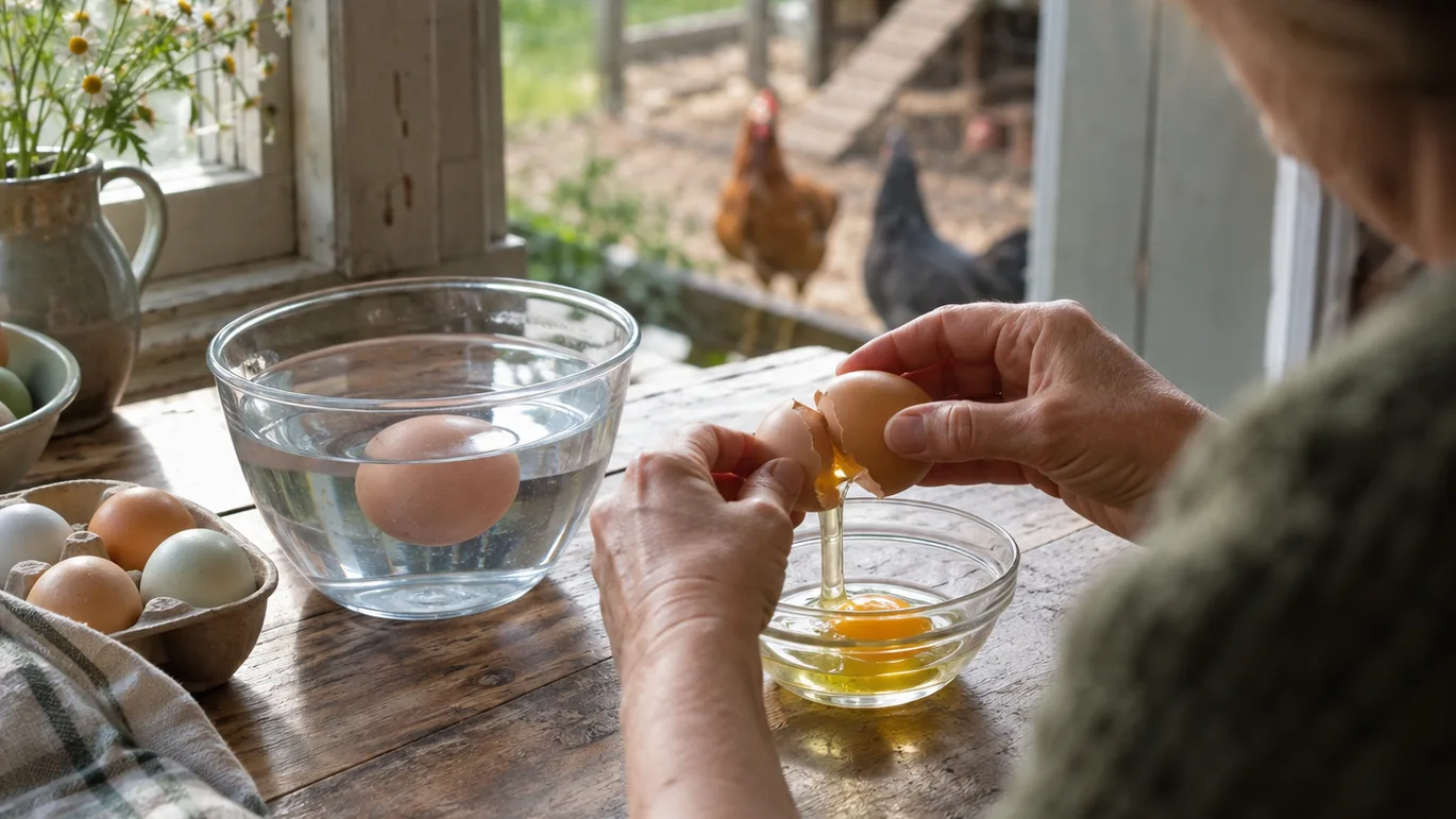 A hand cracks an uncertain egg into a separate bowl beside water with a floating egg before cooking.