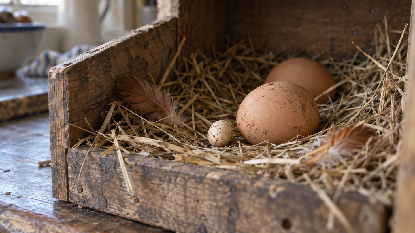 A tiny egg rests beside two ordinary eggs in a straw-lined nesting box, making the size difference clear.