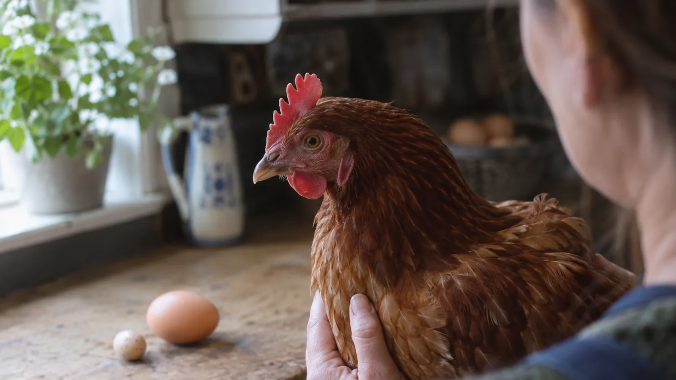 A keeper gently checks a hen beside two eggs, focusing on the bird’s health rather than the unusual egg alone.