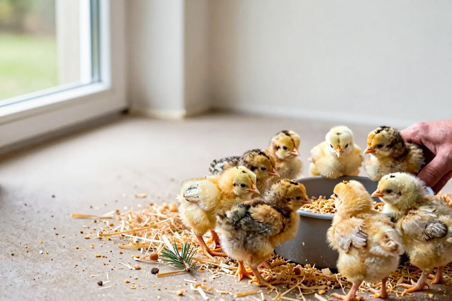 Six chicks gather around an accessible feeder and waterer in a fresh brooder, showing the setup is ready for feeding.