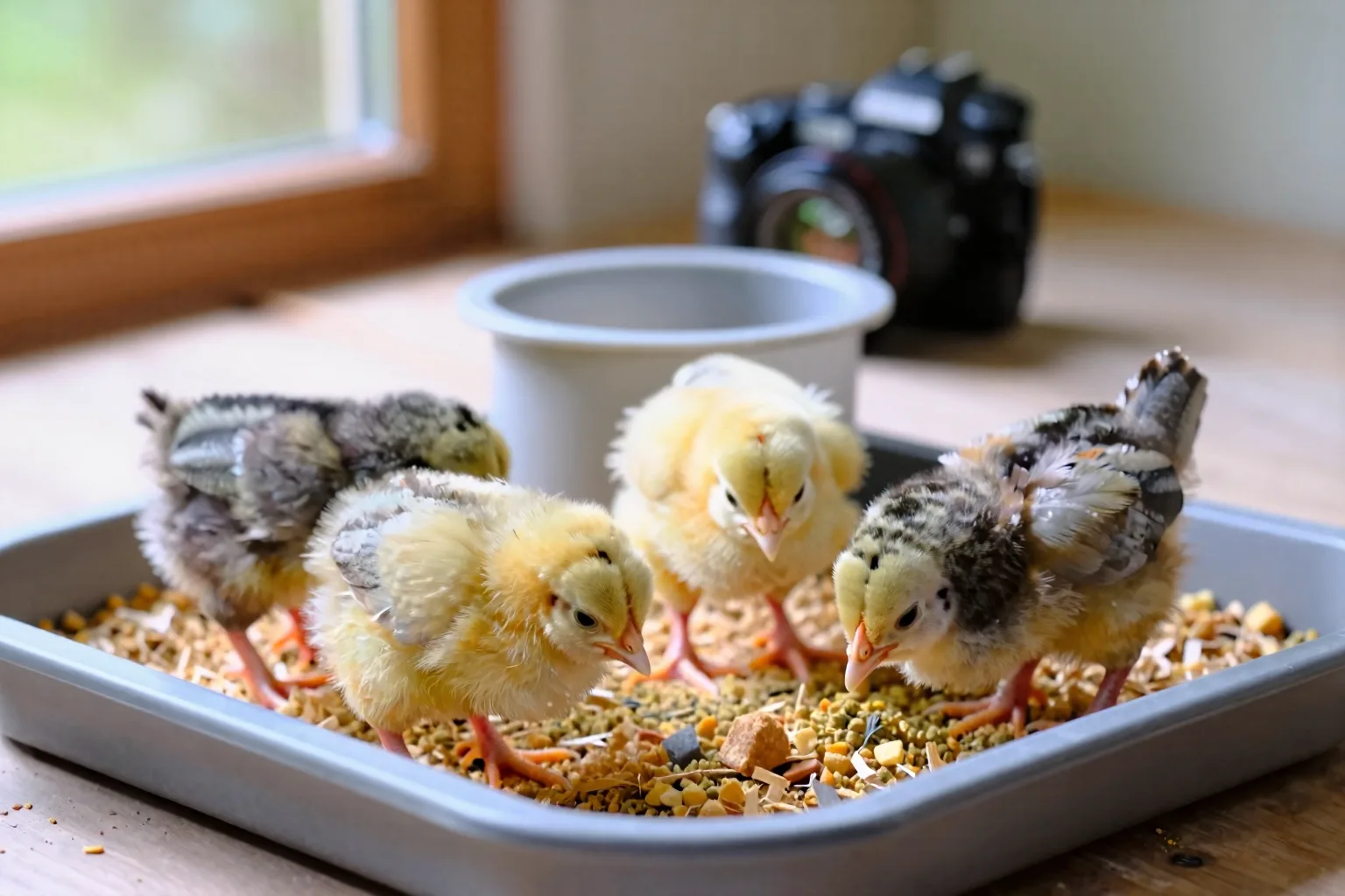 Three chicks eat dry crumble from a low, clean feeder without crowding.