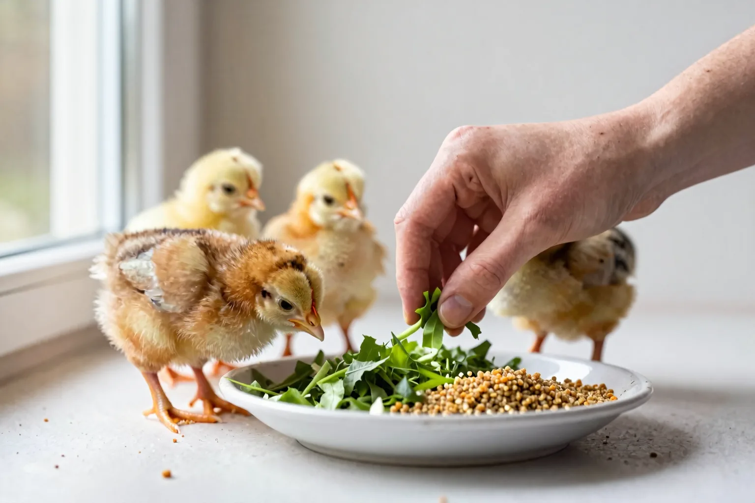 Small treats and chick-sized grit sit separately beside starter feed in a clean brooder.
