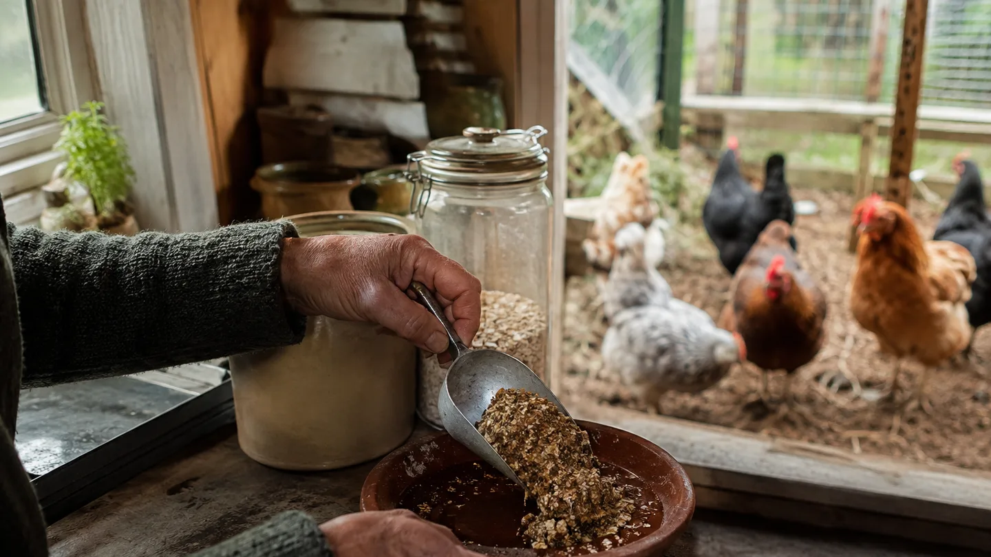 A keeper removes leftover wet feed while watching alert chickens in a backyard run.