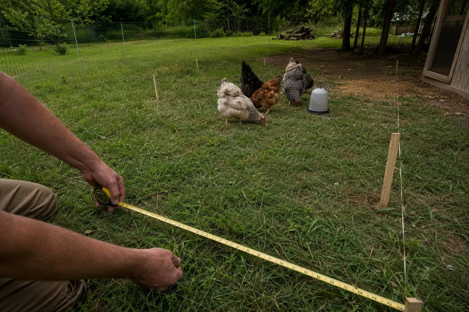 A hand measures grass beside a marked boundary as chickens forage near a water container.