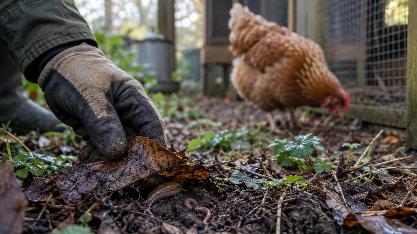 A wet patch beside the coop holds a slug and earthworm near a foraging hen, showing where parasite exposure can begin.