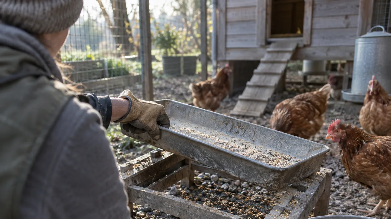 A chicken keeper raises a feeder above a dry, gravelled run to make cleanup easier.